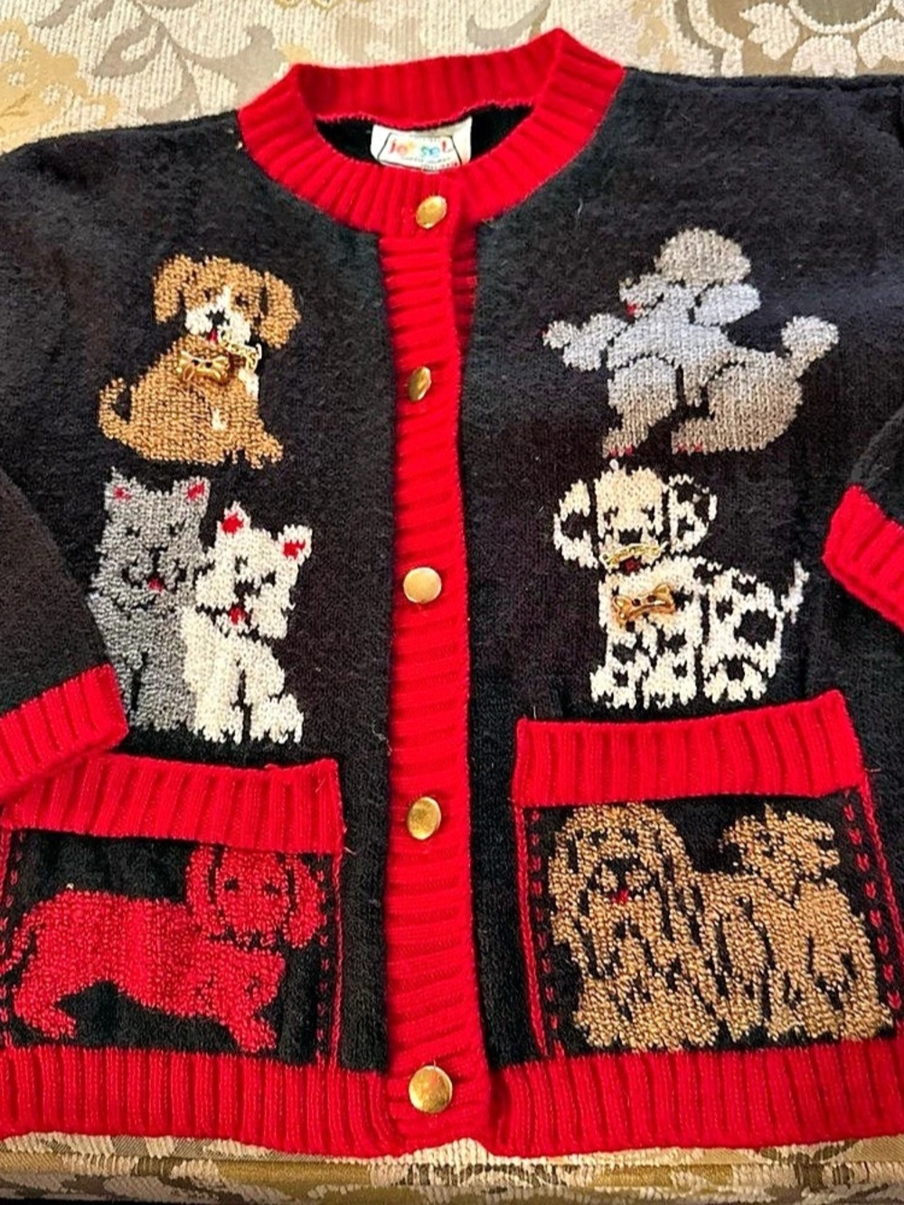 Jet Set Girls 6X Black Red Dog Cardigan vintage 1989-90 gold chains